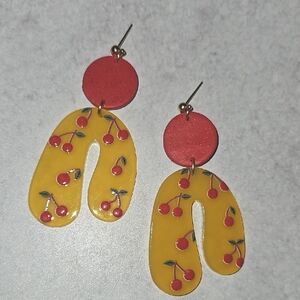 Handmade polymer clay studs Cherry Patterned Red and Yellow Earrings